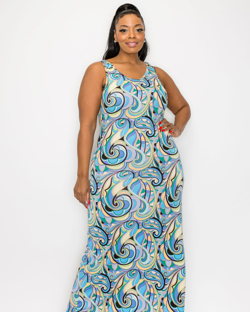 Front of a model wearing a size 4X Aries Sleeveless Maxi Dress in Blue/Black by L I V D. | dia_product_style_image_id:267247